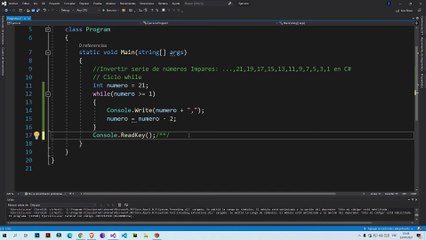 Invertir serie de números impares: ...,21,19,17,15,13,11,9,7,5,3,1 en C#