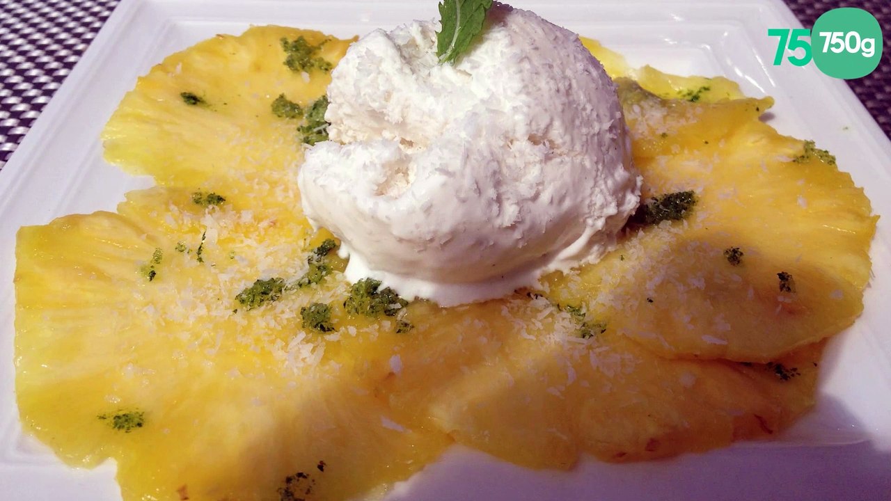 Carpaccio d'ananas sucre mentholé et glace noix de coco
