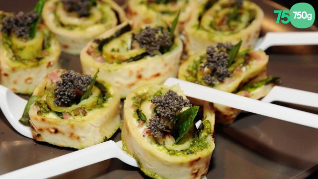 Flammekueche en escargots apéritifs au pesto de roquette et pistaches