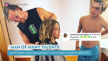 Matthew McConaughey's Son Levi Watches Dad Cut Little Brother Livingston's Hair in Rare Photo
