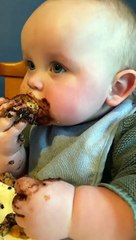 baby eating chocolate cake ️