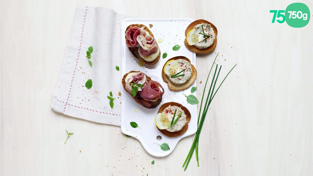 Toasts à la rillette de thon & Bruschettas tomate-mozzarella-jambon