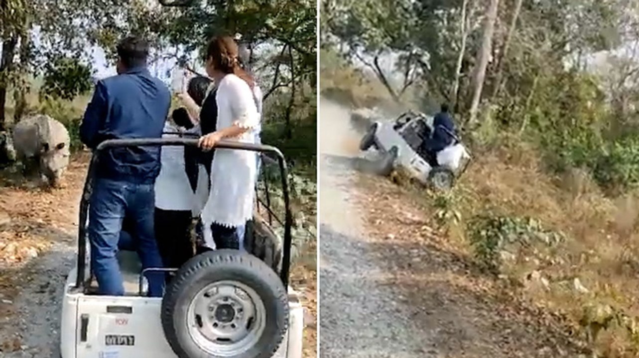 Moment raging rhino topples safari jeep sending tourists tumbling