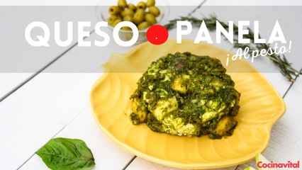 Queso panela al pesto horneado, botana fácil y deliciosa