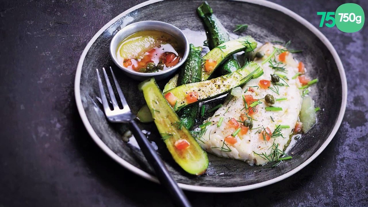 Courgettes rôties, merlan et sauce vierge