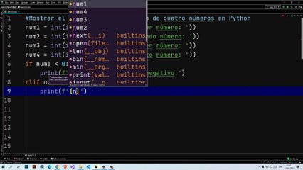 Mostrar el primer número negativo de cuatro números en Python