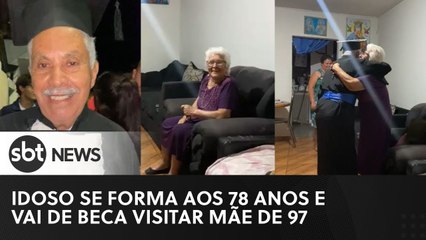 Idoso se forma aos 78 anos e vai de beca visitar a mãe de 97 que não foi na formatura