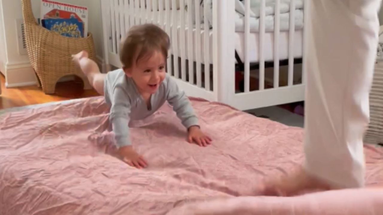Mama's little baby loves bouncing on blow up mattress *Cuteness overloaded*