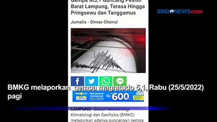 Gempa Magnitudo 5,1 Guncang Pesisir Barat Lampung