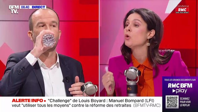 Face à face tendu entre Apolline de Malherbe et Manuel Bompard le mardi 7 mars 2023 sur BFMTV