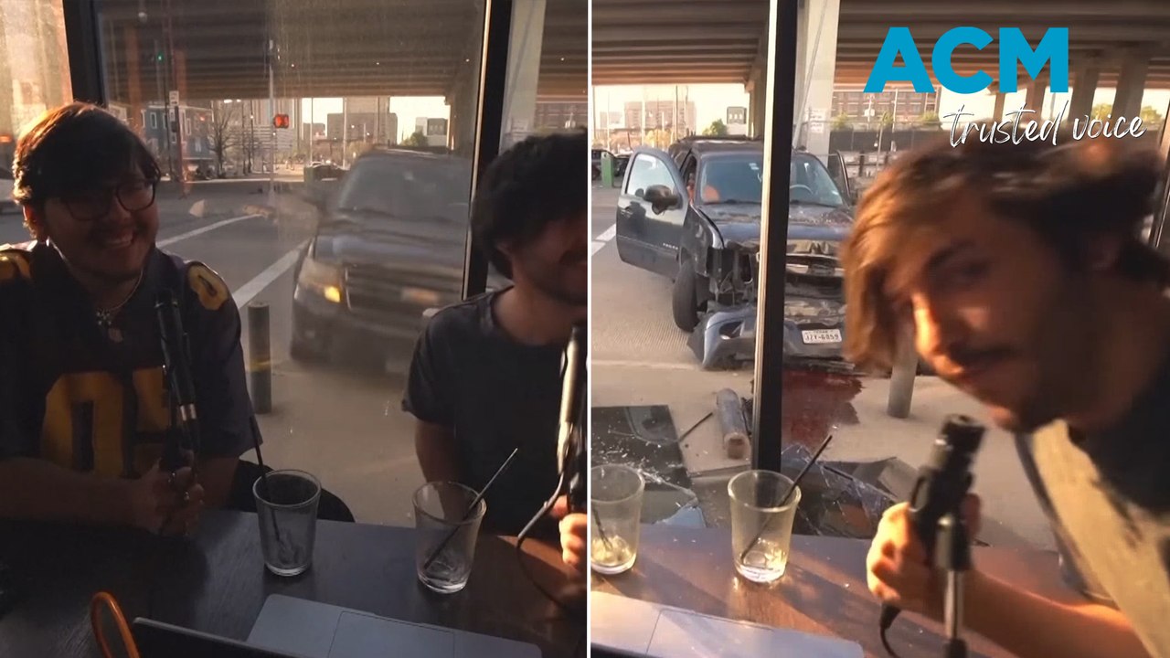 Pair of podcasters narrowly miss being seriously injured after car crashes through window