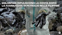Volontari ripuliscono la costa dopo una fuoriuscita di petrolio nelle Filippine