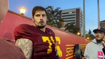 USC offensive lineman Michael Tarquin speaks with reporters during spring practice