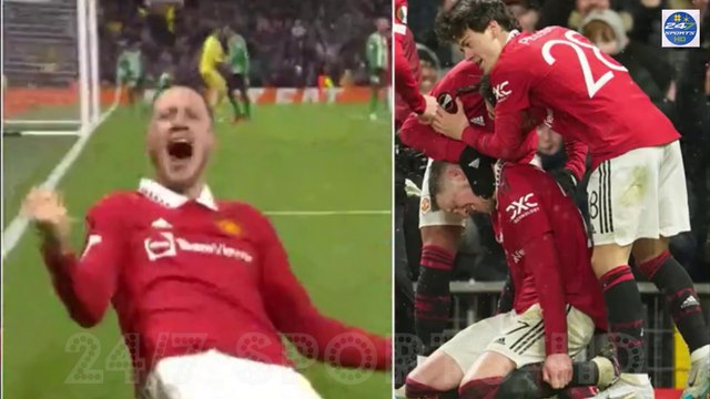 Wout Weghorst is overcome with emotion after scoring his first Old Trafford goal for Man United in Europa League win over Real Betis... as Paul Scholes jokes the forward looked 'slightly pleased'