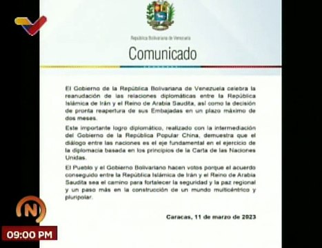 Venezuela celebra la reanudación de relaciones diplomáticas entre Irán y Arabia Saudita