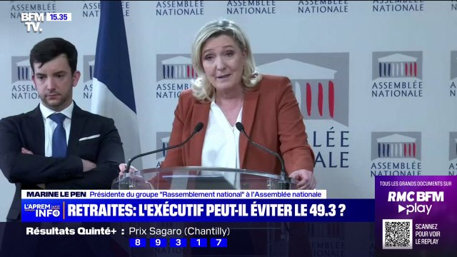 Retraites: L'utilisation du 49-3 serait une démonstration flagrante de l'échec de ce gouvernement déclare Marine Le Pen, présidente du groupe RN à l'Assemblée nationale