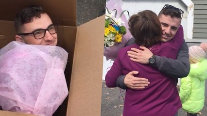 Mom Opens Box On Driveway To Discover Military Son Holding Flowers