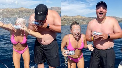 Shotgun competition goes wrong after man puffs beer all over his partner's face