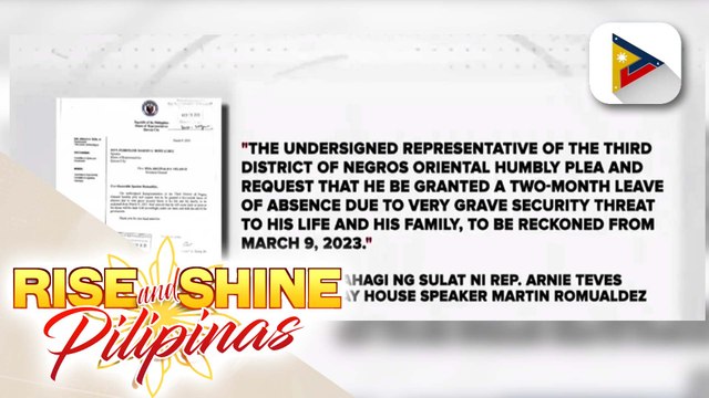 Rep. Teves, opisyal nang humiling ng dalawang buwang leave sa Kamara dahil umano sa matinding banta sa kaniyang buhay