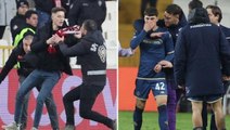 Sivasspor-Fiorentina maçında kan aktı! Sahaya atlayan taraftar İtalyan futbolcunun burnunu kırdı