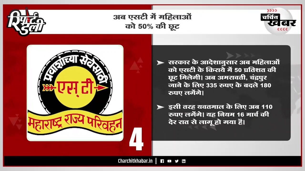 अब एसटी में महिलाओं को 50% की छूट - "रिपोर्ट डेली" बुलेटिन 18/03/2023