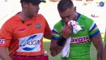 Raiders star suffers broken jaw in crunching hit with NRL officials 'looking for missing TEETH' on the field at half-time