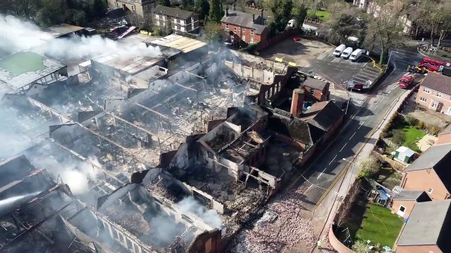 Drone footage of the aftermath of the large fire at Savanna Rags in Mansfield