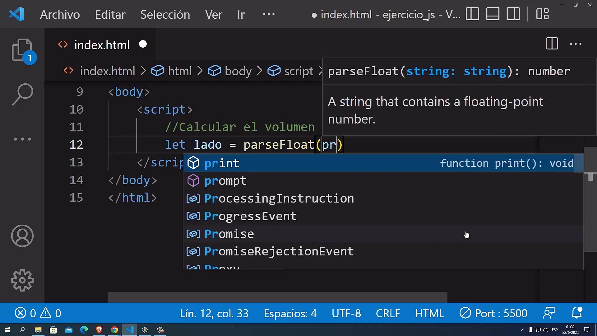 ⁣Calcular el volumen de un cubo en JavaScript