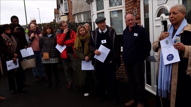 Civil rights activist Leila Hassan Howe speaking at the unveiling of a blue plaque in Southwick honouring political activist CLR James