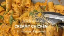 Quick, easy healthy low calorie, high protein dinner recipes perfect for weight loss - creamy chicken pasta #easycreamypasta #pastarecipe #highproteindinner #FoodTok #creamypasta #weightlossrecipes #healthyrecipes