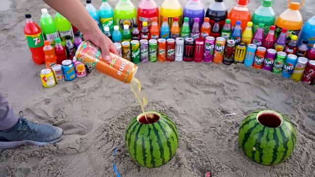 Two Watermelons vs Big Coca Cola, Monster, Fanta, Chupa Chups, Mtn Dew, Many Soft Drinks and Mentos