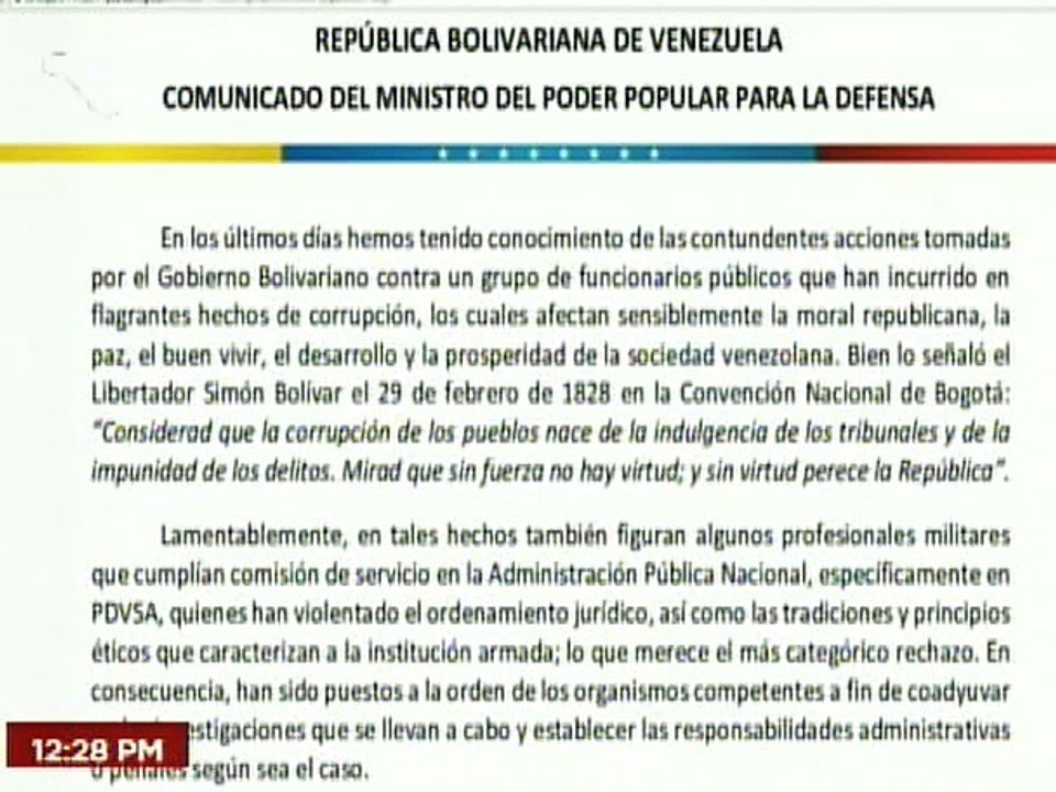 FANB respalda absolutamente la lucha contra la corrupción por parte del Ejecutivo Nacional