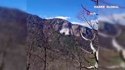 Görüntüler viral oldu... Düldül Dağı'ndan kopan kaya kütlelerinin tozu ortaya insan silüeti çıkardı