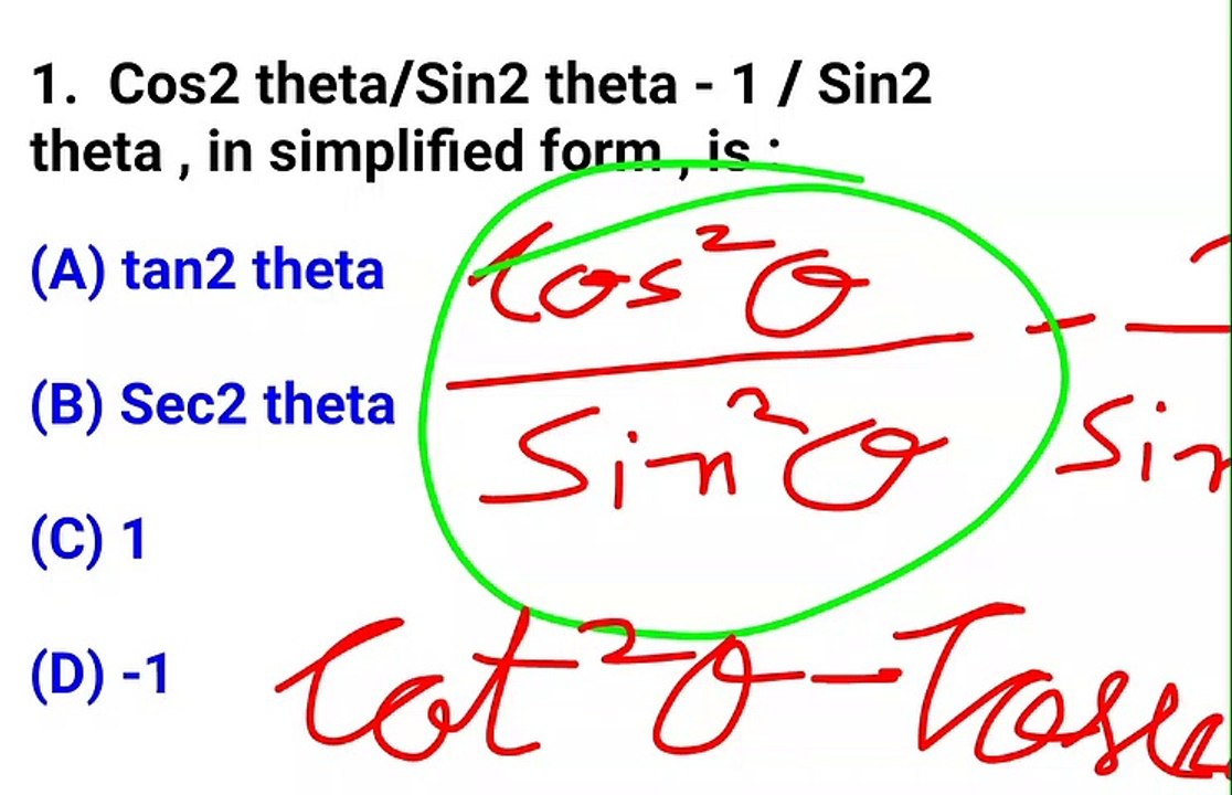 Cos2 theta/ Sin2 theta - 1/Sin2 theta , is Simplified Form :