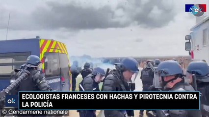 Ecologistas franceses con hachas y pirotecnia contra la policía.