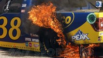 NASCAR star Zane Smith is forced to apologize to his team after celebrating his victory with a burnout on the track - only for the car to burst into flames!