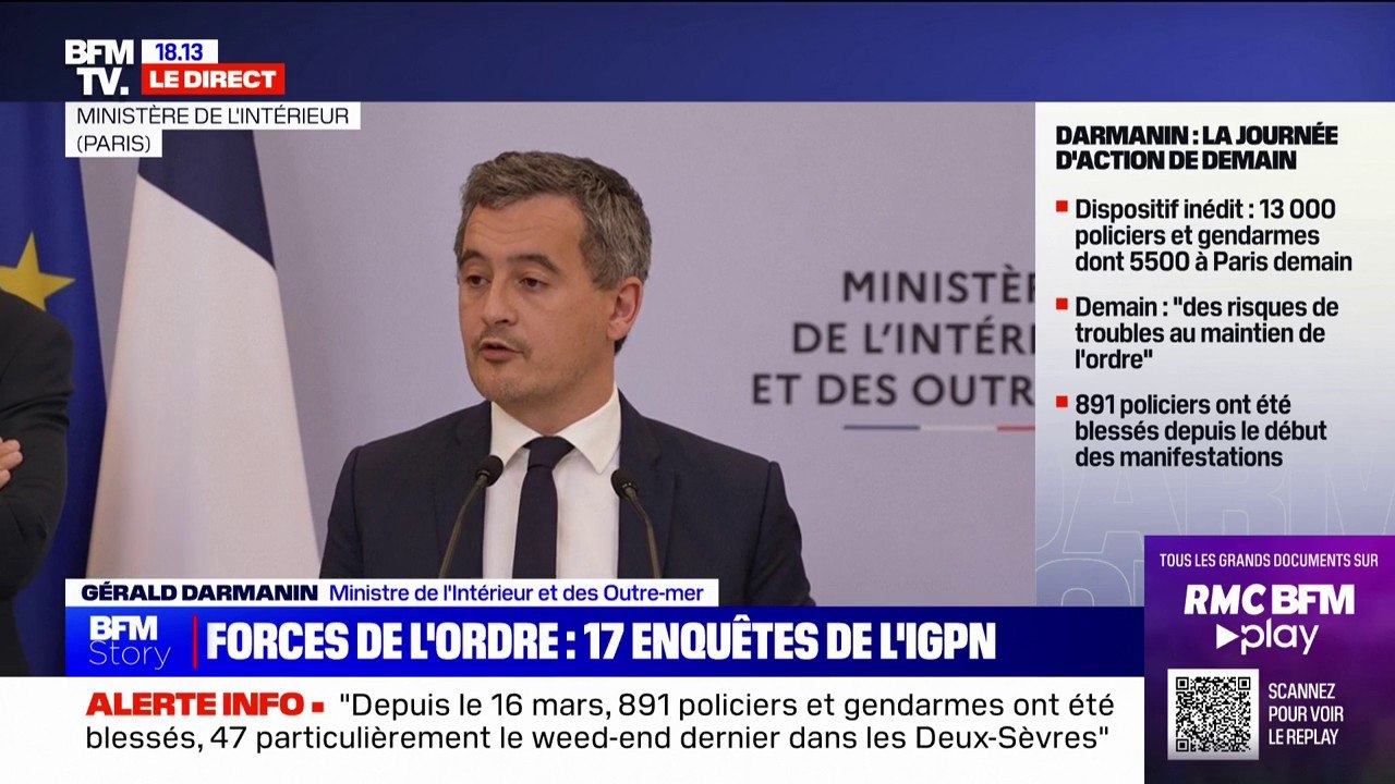 Accusations de violences policières: à ce jour, "il y a 17 enquêtes de l'IGPN qui concernent les manifestations des retraites", affirme Gérald Darmanin