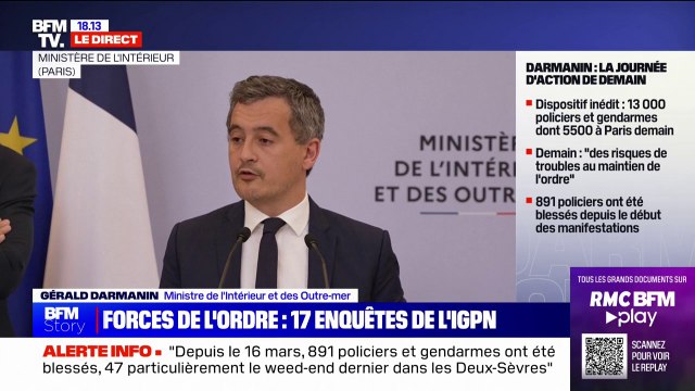 Accusations de violences policières: à ce jour, il y a 17 enquêtes de l'IGPN qui concernent les manifestations des retraites , affirme Gérald Darmanin