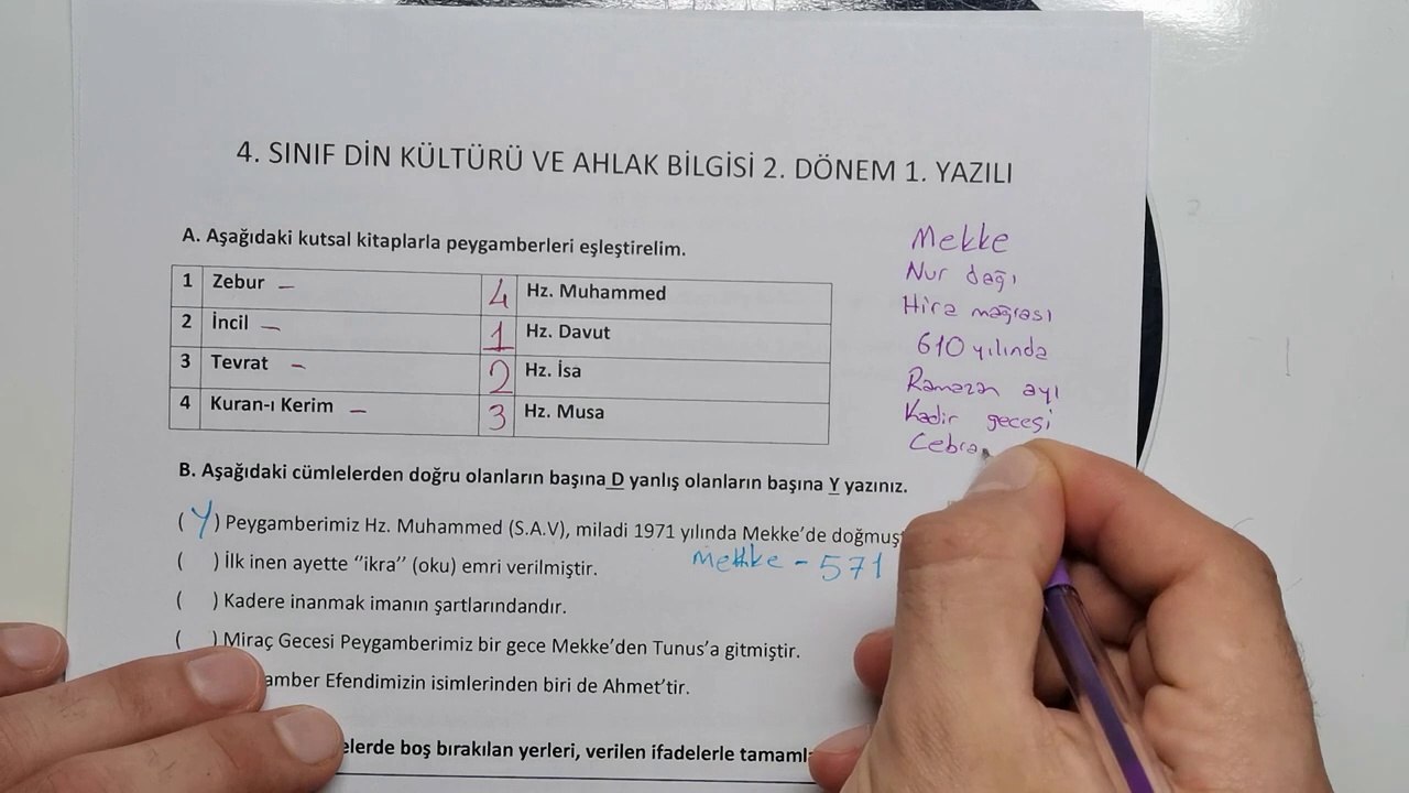4.Sınıf Din Kültürü 2.Dönem 1.Yazılı Soruları ve Çözümü Yeni
