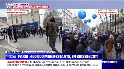 下载视频: Retraites: 450.000 manifestants à Paris, selon la CGT, un chiffre en baisse