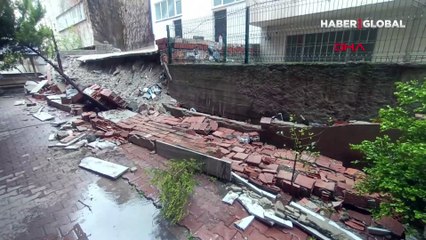 İstanbul'da devam eden yağış nedeniyle bahçe duvarı çöktü