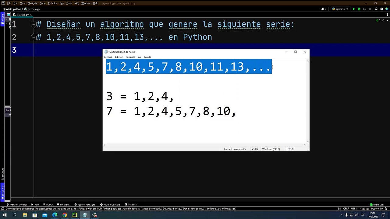 Diseñar un algoritmo que genere la siguiente serie: 1,2,4,5,7,8,10,11 ...
