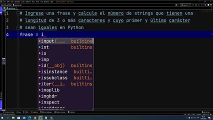 Ingrese una frase y calcule el número de strings que tienen una longitud de 3 o más caracteres y cuyo primer y último carácter sean iguales en Python