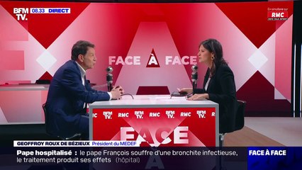 Apolline de Malherbe se fait recadrer par Geoffrey Roux de Bézieux le vendredi 31 mars 2023 sur BFMTV