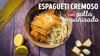 Deliciosa Pasta cremosa con tocino y pollo empanizado en 30 minutos