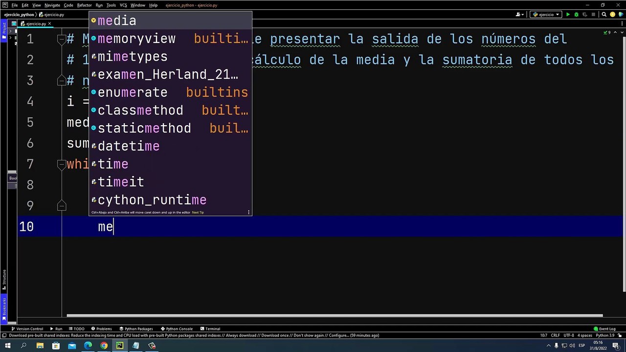 Mediante un ciclo while presentar la salida de los números del 1 al 10 y mostrar el cálculo de la media y la sumatoria de todos los números en Python