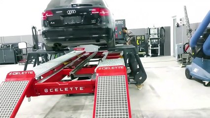 Audi A3 damaged sill pulling repair on Celette Rhone bench