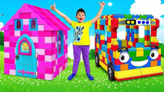 Max and Sasha plays with Colored Toy Blocks Buses and Playhouses