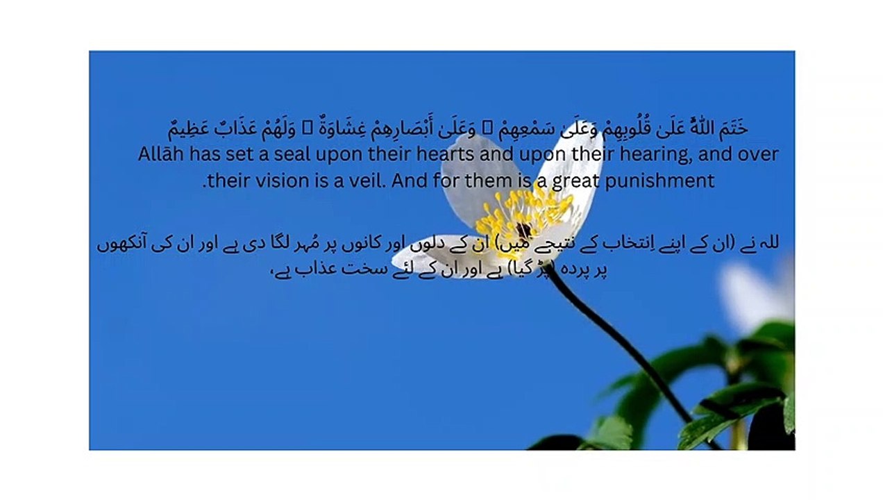 خَتَمَ اللَّهُ عَلَىٰ قُلُوبِهِمْ وَعَلَىٰ سَمْعِهِمْ ۖ وَعَلَىٰ أَبْصَارِهِمْ غِشَاوَةٌ ۖ وَلَهُمْ عَذَابٌ عَظِيمٌ Allāh has set a seal upon their hearts and upon their hearing, and over their vision is a veil. And