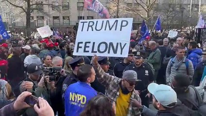 Police attempt to remove anti-Donald Trump protestor from outside New York court